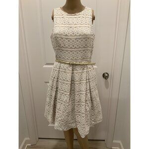 Eliza J Dress 10 Petite Ivory Lace Overlay Dress Gold Belted Party Wedding